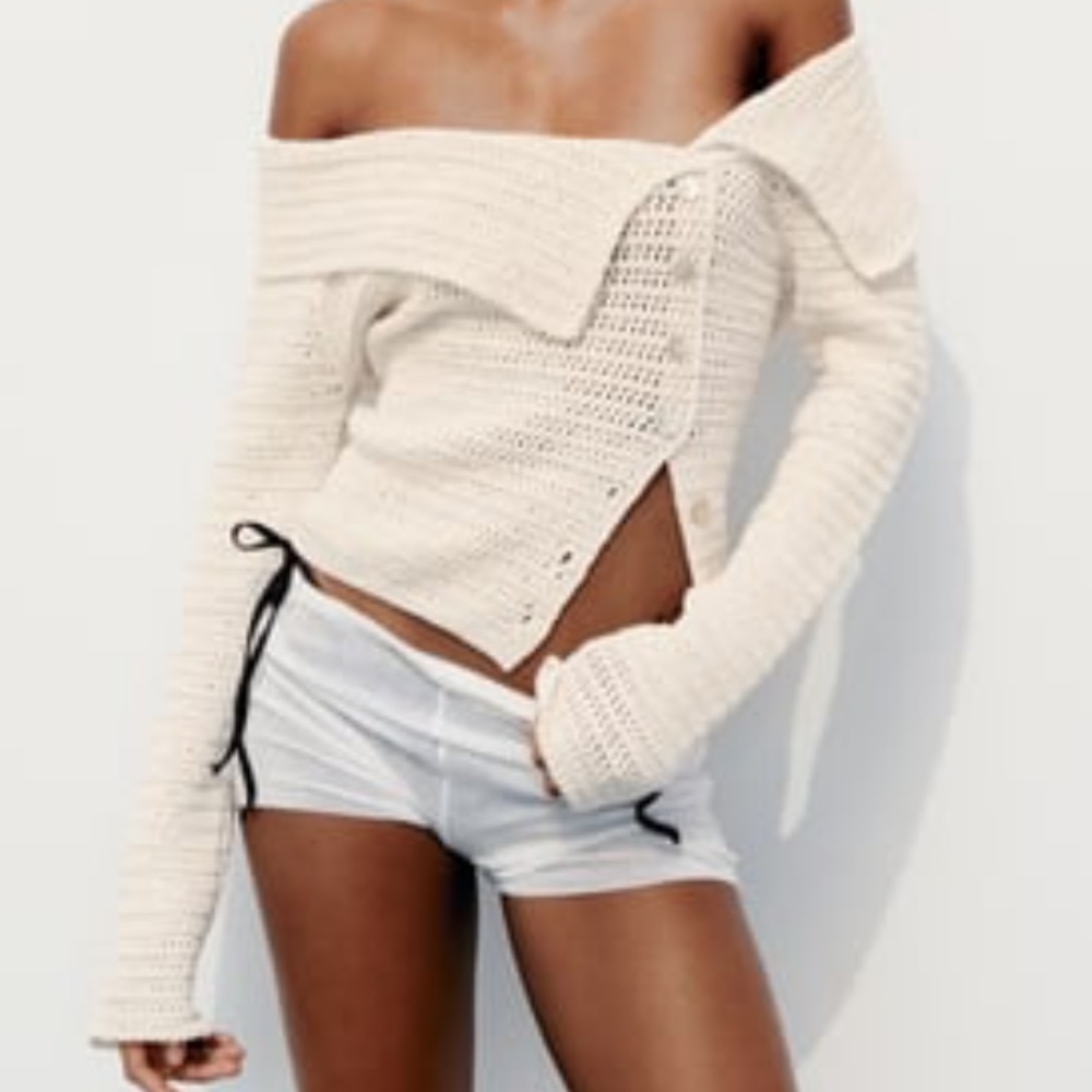 Zara Cream Off-the-Shoulder Knit Sweater